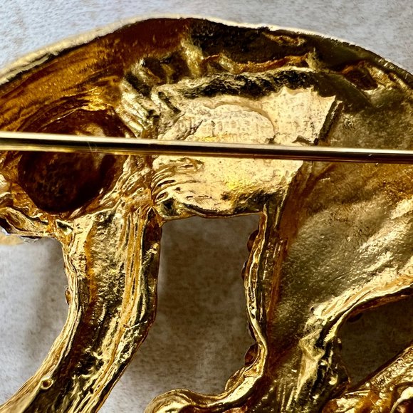 Vintage Gold Tone Cheetah Leopard Brooch Black Enamel Clear Rhinestones Red Eyes - Picture 7 of 8